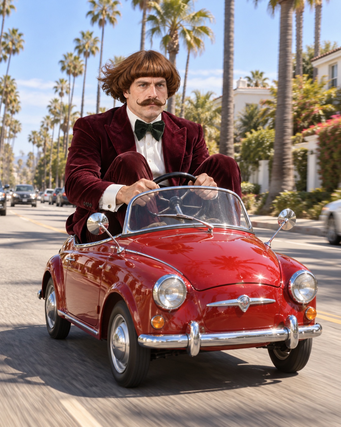 Marcel Mode driving a tiny red car on a sunny street — AI scene concept