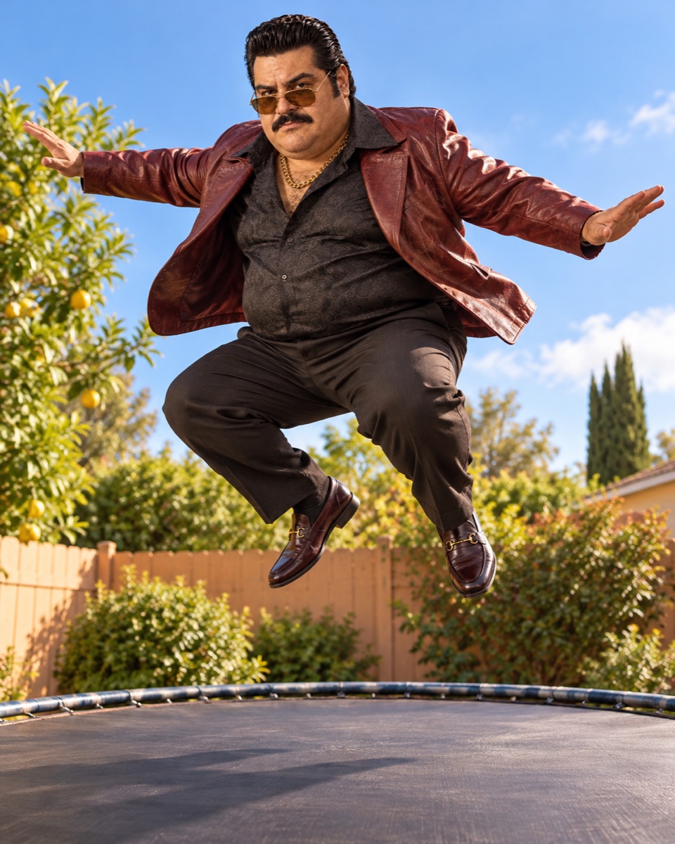 Rico Velvet bouncing high above a backyard trampoline — AI scene concept